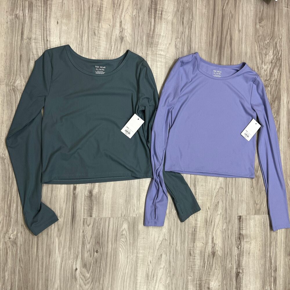 Tek Gear Girls' 2-Pack Ribbed Long Sleeve Tees Lazy River & Purple Size XL 14/16